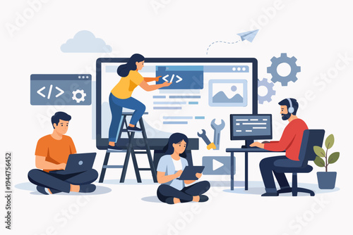 Flat Vector Illustration of IT Professionals and Software Developers Working Together on Web Development, Coding, and Website Design with Large Monitor, Laptops, and Digital Technology Tools.