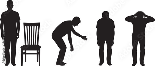 Set of male silhouettes in various poses including standing bending and holding head in hands next to a wooden chair for conceptual human behavior.