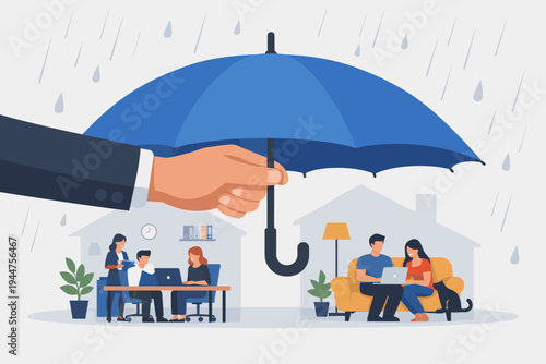 Business Protection and Insurance Concept with a Large Hand Holding a Blue Umbrella Over Office Employees and a Family at Home During Rain, Symbolizing Security, Safety, and Coverage.