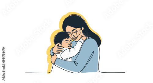 Continuous Line Mother Hugging Child Emotional Warmth Illustration