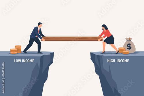 Business man and woman bridging the gap between low income and high income cliffs with a wooden plank. Concept of economic mobility, wealth inequality, financial growth, and social equality.