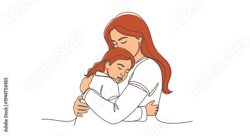Continuous Line Mother Hugging Child Family Bond Illustration