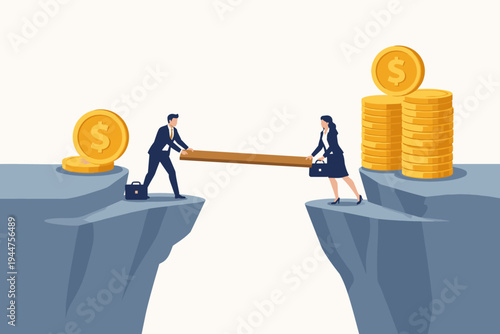 Business Man and Woman Bridging Income Gap with Wooden Plank over Cliff Vector Illustration Representing Gender Pay Equality, Financial Disparity, Career Partnership, and Economic Opportunity.