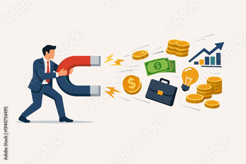 Businessman holding a large horseshoe magnet to attract money, gold coins, cash, lightbulb ideas, and growth charts. Concept of investment, capital attraction, wealth creation, and business success.