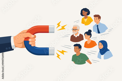 Businessman hand holding large horseshoe magnet attracting diverse group of people, concept of customer acquisition, talent recruitment, lead generation, marketing strategy, and audience engagement