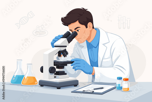 Male scientist or clinical pathologist in a white lab coat and blue gloves looking through a microscope in a laboratory setting with beakers, vials, and clipboard. Professional medical research.
