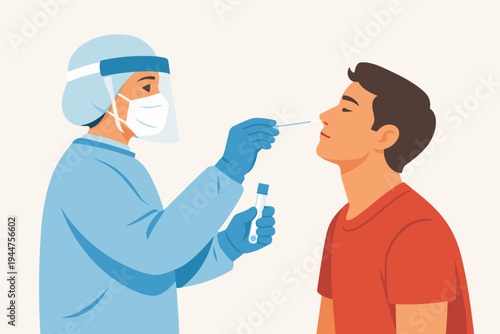 Medical Professional in Full Protective Gear Performing a Nasal Swab Test on a Patient for COVID-19 Diagnosis. Healthcare Worker in PPE, Mask, and Face Shield Conducting PCR or Antigen Screening.