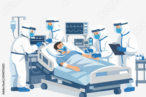 Medical Team in Full PPE Protective Suits Treating a Patient in Intensive Care Unit ICU, Doctors and Nurses in Hazmat Gear Assisting a Sick Person on Hospital Bed with Ventilator and Monitors.
