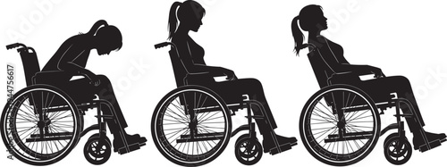Set of three black silhouettes showing a young woman in a wheelchair in different sitting positions for medical rehabilitation and physical disability accessibility concepts.