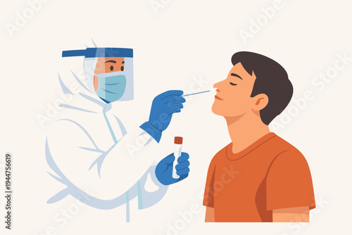 Healthcare worker in full protective PPE suit and face shield performing a nasal swab test on a patient for virus diagnosis, vector illustration of medical professional conducting a PCR test.