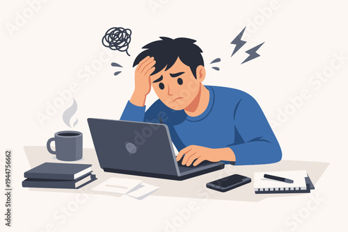 Stressed man working on a laptop at a desk with coffee and books. Flat vector illustration of a frustrated employee or student experiencing burnout, headache, and deadline pressure in home office.
