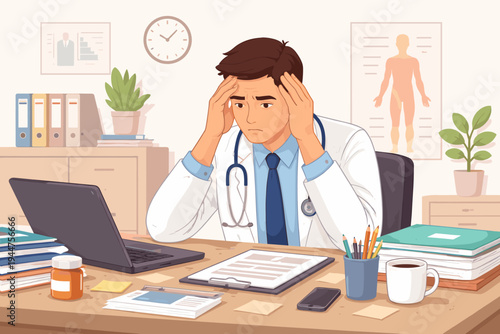 Stressed and Overworked Male Doctor Sitting at Desk in Medical Office Feeling Burnout and Exhaustion, Professional Physician with Stethoscope and Laptop Dealing with High Pressure Healthcare Work