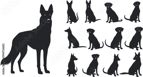 Large black silhouette collection of a German Shepherd dog standing next to several puppies in different sitting poses isolated on white background for pet concepts
