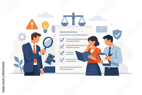 Business people reviewing corporate rules and policies. Compliance team auditing legal documents with scales of justice, gavel, and magnifying glass. Flat vector illustration for law and ethics.