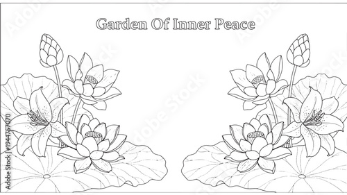 A serene adult coloring page featuring a peaceful garden with lotus flowers, ideal for relaxation and mindfulness, with ample space for creative coloring.