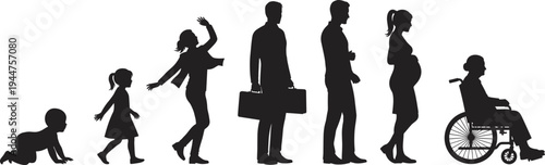 Diverse Silhouette Collection of Human Life Cycle Stages Family Bonding Moments Professional Profile Avatars and People Shopping or Socializing Isolated on White for Creative Graphic Designs