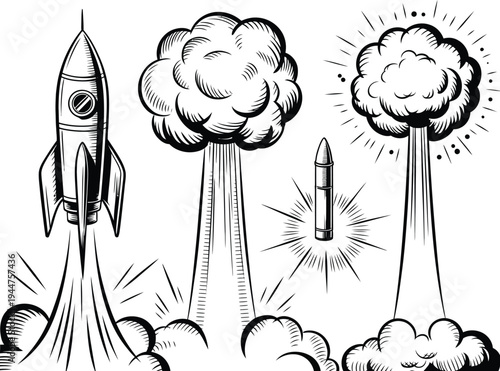 Rocket launch line art set, hand drawn comic style illustrations featuring missile motion explosions and smoke clouds in dramatic ink sketch style for space and action design.