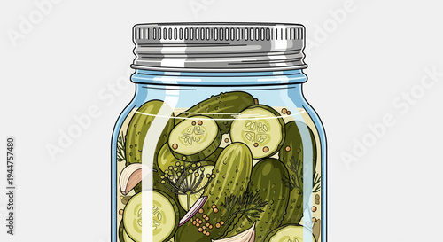 Jar of Pickled Cucumbers with Spices.