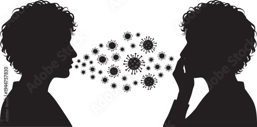Creative silhouette illustration of viral transmission between two people showing virus particles spreading through the air for pandemic healthcare and infectious disease prevention concepts.