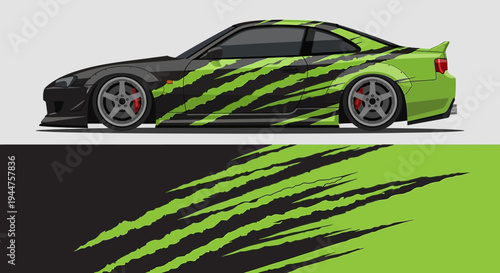 Side view of a vibrant green and black striped sports car with bold graphics and aerodynamic design.