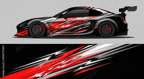 Dynamic red and black sports car with aggressive white flame graphic design illustration.