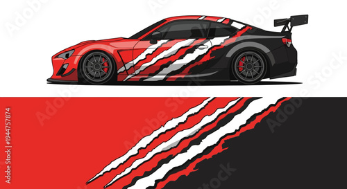 Racing Car with Striped Livery Dominating a Dynamic Motorsport Scene.