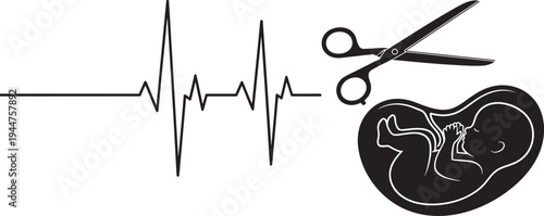 Creative silhouette illustration of a human fetus with medical scissors and a heartbeat line for abortion rights reproductive healthcare and pro-life or pro-choice concepts