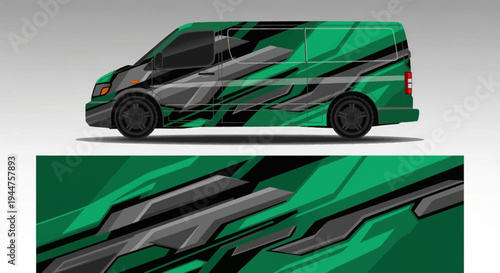 Colorful green and black wrapped van with abstract graphics and modern design.