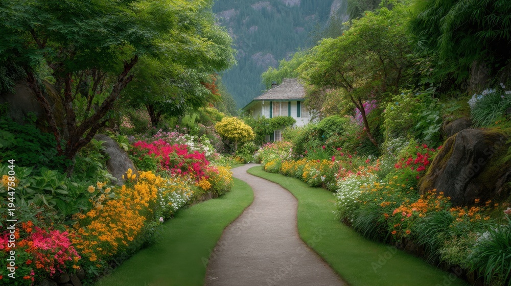 Obraz premium Peaceful Garden Pathway Surrounded by Vibrant Flowers and Lush Greenery in a Scenic Natural Landscape