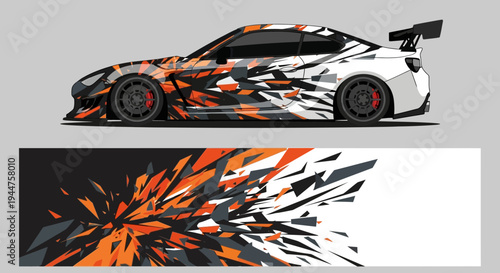 High-speed racecar with orange, black, and white abstract wrap showcasing dynamic aerodynamic design.