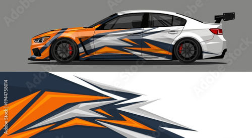 Race car with bold orange and blue graphic wrap on white chassis design and aerodynamic styling.