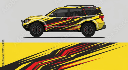 Flame striped SUV wrap featuring bold yellow, black and red graphics on a white background.
