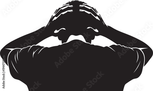 Close up black silhouette of a person seen from behind holding their head in hands expressing intense stress despair headache or mental health crisis.