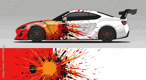 Sleek white sports car with bold orange splash graphics and dynamic paint splatter design.