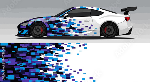 White race car dissolving into pixel fragments with blue camo under dynamic motion.