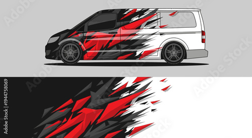Two-tone graphic-wrapped van with red and black momentum design.