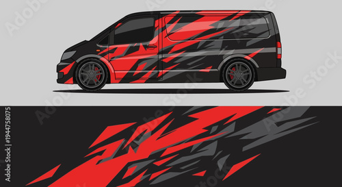 Sleek red and black van with abstract graphic wrap.