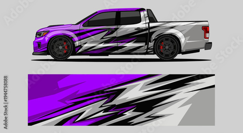 Bold purple and black wrapped pickup truck with dynamic graphic design.