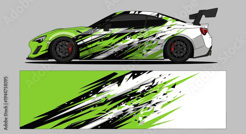 Sleek Green Racecar with Striking Black and White Livery and Dynamic Graphic Elements.