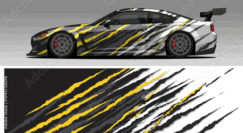 Side view of a high-performance race car with bold yellow and black brushstroke graphics on a sleek race track.