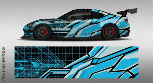 Sleek blue racecar design with aggressive aero body lines and futuristic graphics on a high speed track side profile.