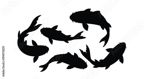 Black silhouettes of koi fish swimming in a circular arrangement silhouette