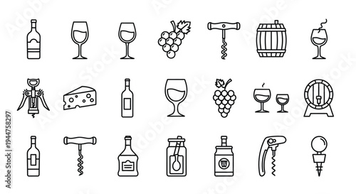 Wine related icons and elements depicted in a minimalist silhouette