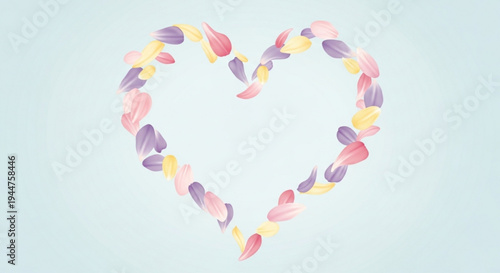 Heart shape made of colorful petals on light blue background love symbol
