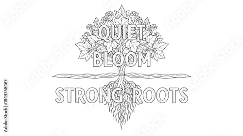 Black and white illustration of a tree with the motivational quote 'Quiet Bloom Strong Roots', ideal for adult coloring books, mindfulness, and self-care activities.