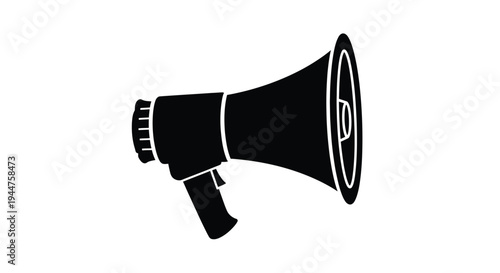 A stark black silhouette of a vintage megaphone broadcasting loudly