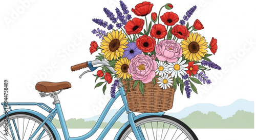 Vibrant bicycle with woven basket full of colorful summer flowers in bloom on a sunny day