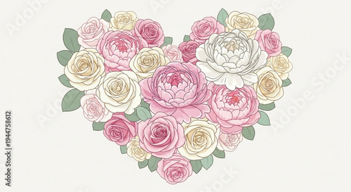 Heart shaped bouquet of pink white and yellow roses with green leaves on light background for love and romance concepts