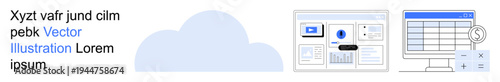 Data analysis, cloud computing, online management, software tools, digital storage, workflow automation. cloud, dashboard and spreadsheet. Cloud computing and online management concept