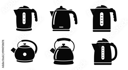 Collection of various black kettle designs in a distinct silhouette